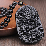 Buddha Stones Black Obsidian Stone Dragon Fulfilment Pendant Necklace Necklaces & Pendants BS 5