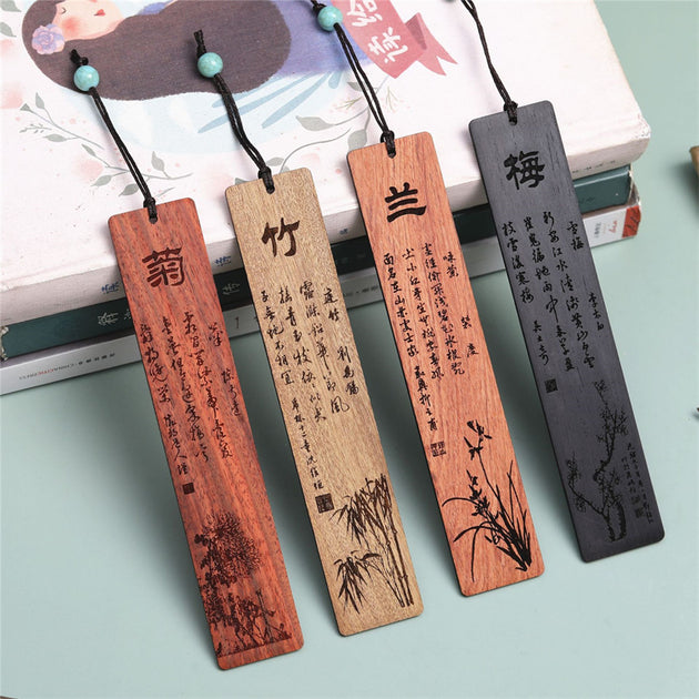 4PCS Bamboo Wooden Bookmarks with Tassels Retro Classical Musical  Instrument Bookmark for Book Lovers