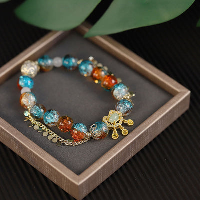Buddha Stones Colorful Liuli Glass Bead Chinese Lock Charm Fortune Bracelet