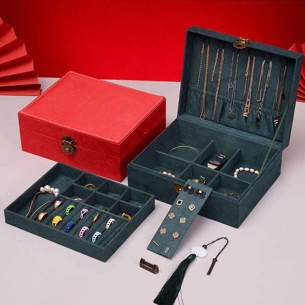 Buddha Stones Simple Design Jewelry Box Organizer Two-Layer Jewelry Storage Box Flannel Box With Lock