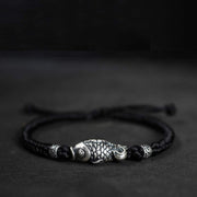 Buddha Stones Silver Luck Koi Fish Braided String Bracelet Bracelet BS Black(Wrist Circumference 14-20cm)