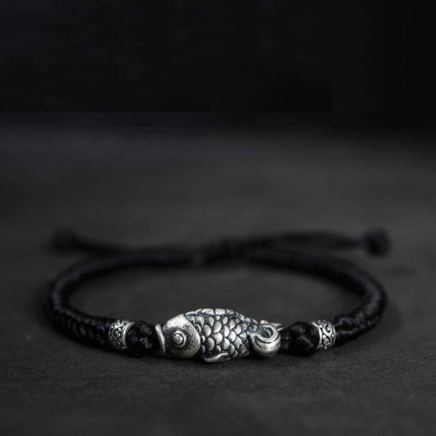 Buddha Stones Silver Luck Koi Fish Braided String Bracelet Bracelet BS Black(Wrist Circumference 14-20cm)