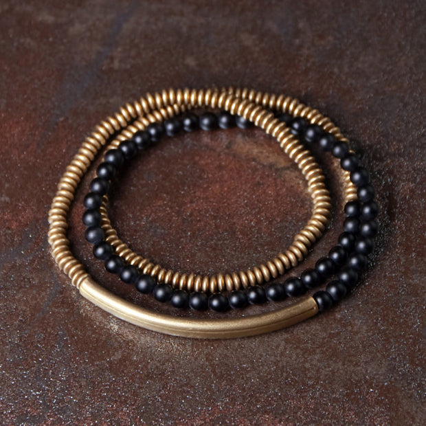 Buddha Stones Tibetan Various Agate Stone Copper Protection Triple Wrap Bracelet Bracelet BS 18cm Black Onyx