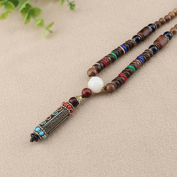 Buddha Stones Tibetan Om Mani Padme Hum Dzi Bead Wenge Wood Necklace Pendant Necklaces & Pendants BS 4