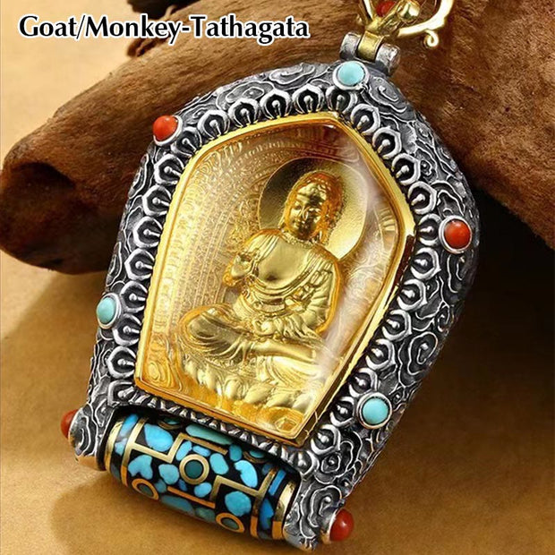 Buddha Stones Tibet Chinese Zodiac Natal Buddha Thangka Prosperity Rotatable Dzi Bead Necklace Pendant Necklaces & Pendants BS Goat/Monkey-Tathagata