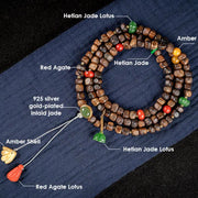 Buddha Stones 108 Mala Beads 925 Sterling Silver Brunei Agarwood Red Agate PiXiu Hetian Jade Peace Strength Bracelet Mala Bracelet BS 17