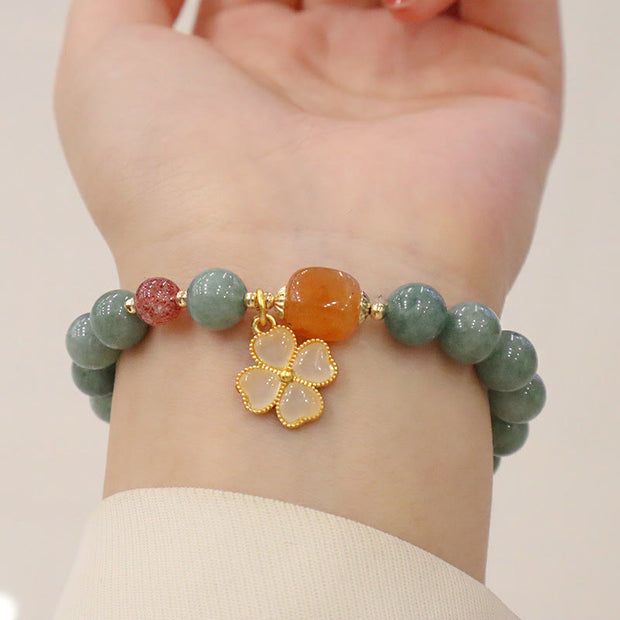 Buddha Stones Jade Four Leaf Clover Charm Prosperity Bracelet