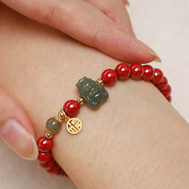 Buddha Stones 925 Sterling Silver Year of the Dragon Natural Cinnabar Hetian Jade Dragon Fu Character Ruyi As One Wishes Charm Blessing Bracelet