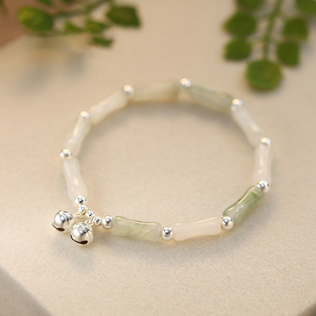 Buddha Stones 925 Sterling Silver Natural White Jade Bamboo Bell Charm Luck Happiness Bracelet