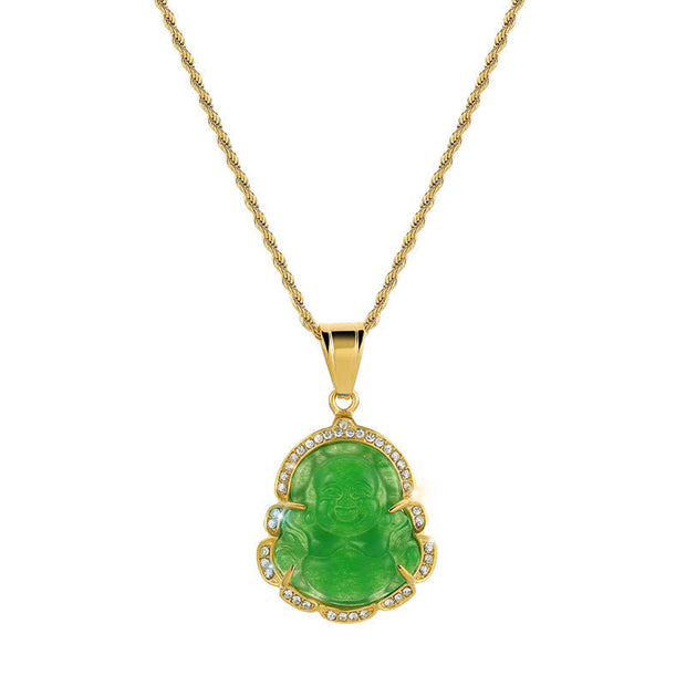 Buddha Stones 18K Gold Filled Laughing Buddha Jade Luck Necklace Chain Pendant Necklaces & Pendants BS Green