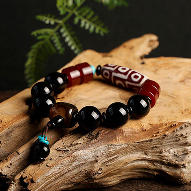 Buddha Stones Tibetan Nine-Eye Dzi Bead Black Onyx Wealth Protection Bracelet Bracelet BS 5