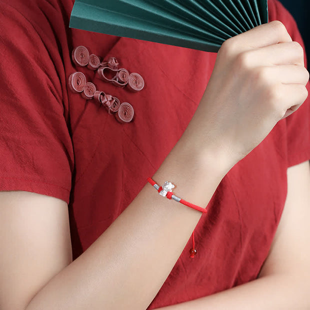 Buddha Stones 999 Sterling Silver Chinese Zodiac Luck Strength Red String Bracelet Bracelet BS 3
