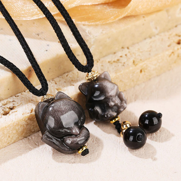 Buddha Stones Natural Silver Sheen Obsidian Nine Tailed Fox