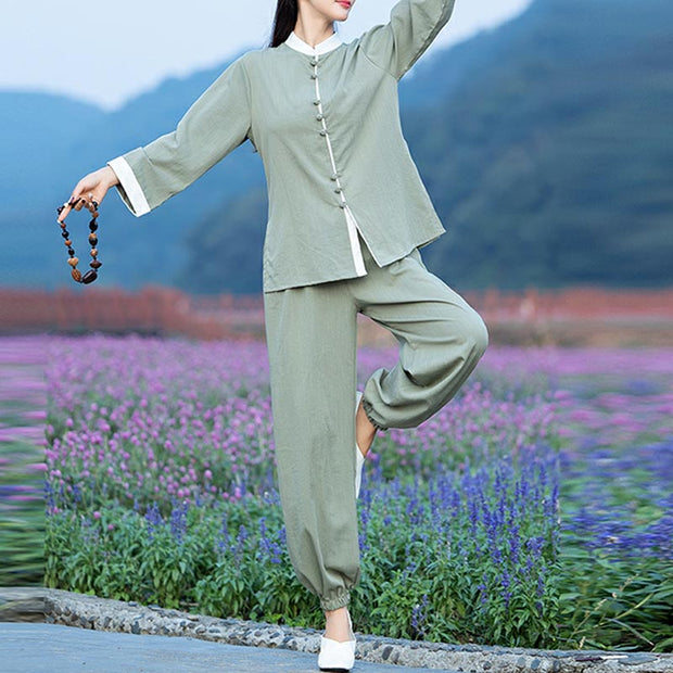 Buddha Stones 2Pcs Tang Suit Top Pants Meditation Yoga Zen Tai Chi Cotton Linen Clothing Women's Set