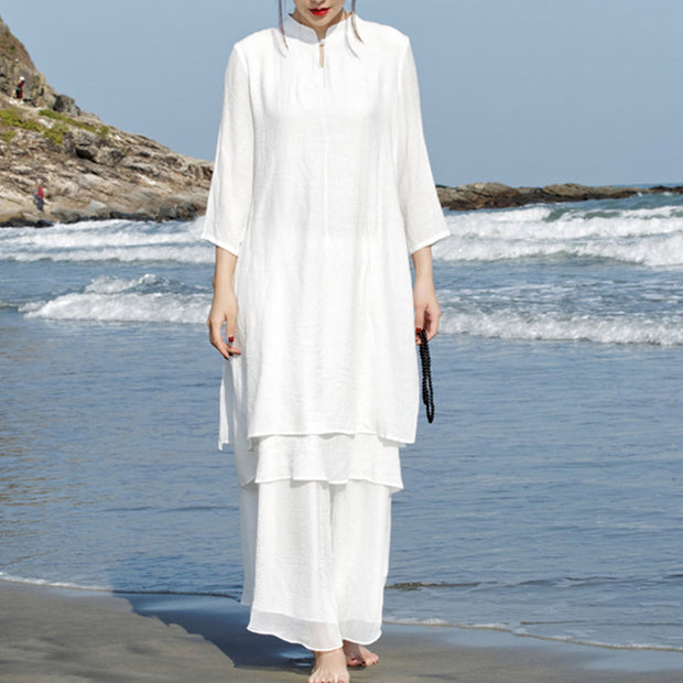 Buddha Stones 2Pcs White Tai Chi Meditation Yoga Zen Cotton Linen Clothing Top Pants Women's Set