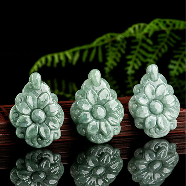 Buddha Stones Natural Jade Kalanchoe blossfeldiana Flower Pattern Luck Necklace Pendant Necklaces & Pendants BS 7