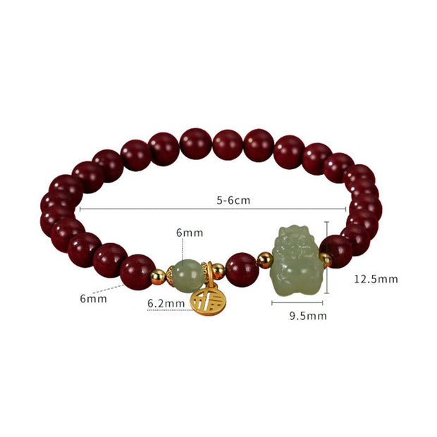Buddha Stones 925 Sterling Silver Year of the Dragon Natural Cinnabar Hetian Jade Dragon Fu Character Ruyi As One Wishes Charm Blessing Bracelet