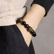 Buddha Stones Black Obsidian Ebony Wood Copper Strength Couple Bracelet Bracelet BS 2