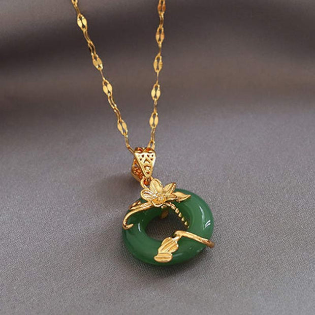 Buddhastoneshop Lotus Pattern Jade Luck Necklace Chain Pendant