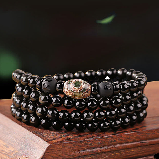 Buddha Stones 108 Beads Black Obsidian Dzi Bead Tiger Eye Agate Healing Mala Bracelet Bracelet BS 13