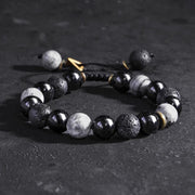 Buddha Stones Black Obsidian Lava Rock Stone Yin Yang Strength Bracelet Bracelet BS 1