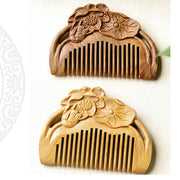 Buddha Stones Natural Green Sandalwood Lotus Flower Leaf Engraved Soothing Comb