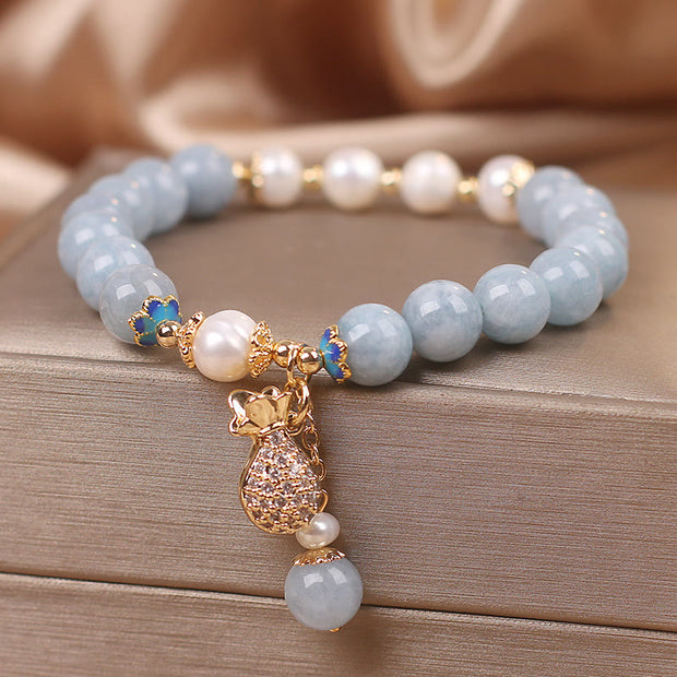 Buddhastoneshop Aquamarine Pearl Fortune Money Bag Charm Bracelet
