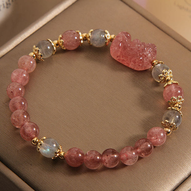 Buddha Stones Natural Strawberry Quartz Moonstone PiXiu Positive Bracelet