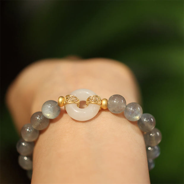 Buddha Stones Natural Moonstone Heitan Jade Peace Buckle Healing Bracelet Bracelet BS 5