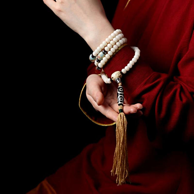 Buddha Stones Tibet 108 Mala Beads Bodhi Seed Bagua Vajra Dzi Bead Gray Agate Wealth Bracelet