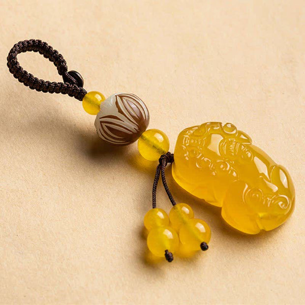 Buddha Stones PiXiu Chalcedony Bodhi Seed Lotus Courage Strength Keychain Key Chain BS Yellow Chalcedony Small Lotus