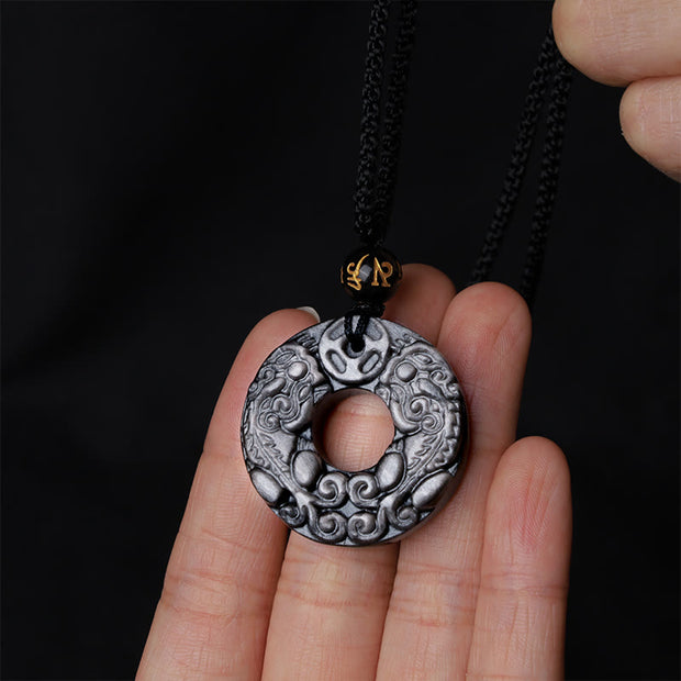 Buddha Stones Natural Silver Sheen Obsidian Double PiXiu Copper Coin Peace Buckle Protection Necklace Pendant
