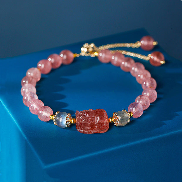 Buddha Stones Aquamarine Strawberry Quartz Amethyst Moonstone PiXiu Healing Bracelet Bracelet BS Strawberry Quartz (Love ♥ Healing)