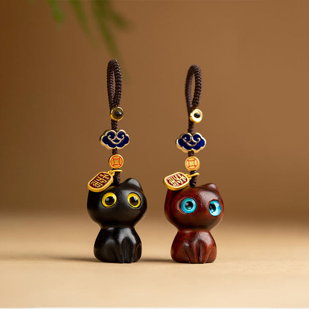 Buddha Stones Small Leaf Red Sandalwood Ebony Wood Lucky Cat Protection Key Chain Phone Hanging Decoration Key Chain BS 10