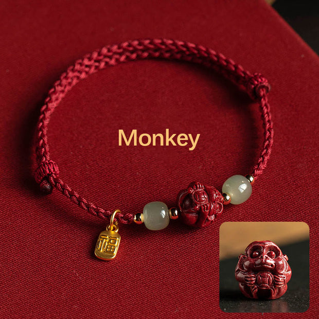 Buddha Stones Natural Cinnabar Chinese Zodiac Hetian Jade Fu Character Luck Rope Bracelet