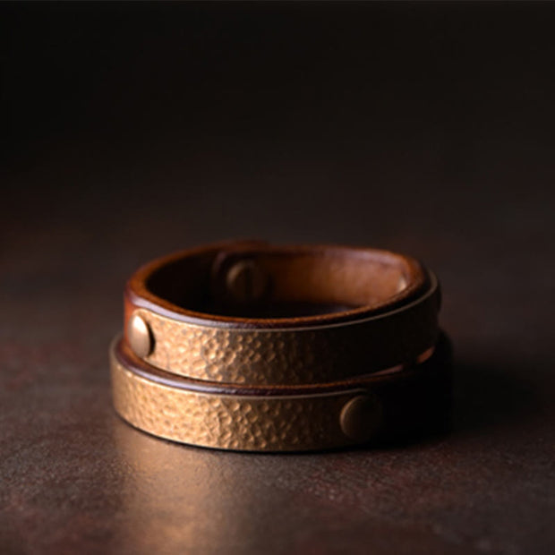 Buddha Stones Vintage Handmade Texture Copper Brass Leather Wealth Bracelet Bangle