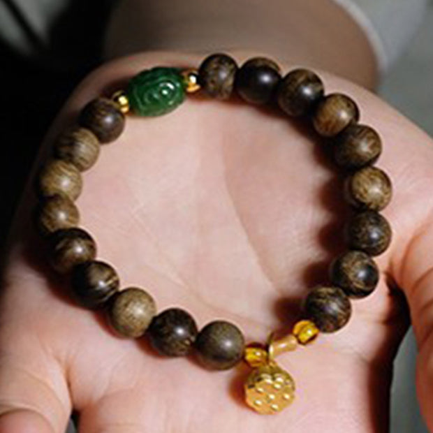Buddha Stones 999 Gold Brunei Agarwood Cyan Jade Lotus Flower Peace Strength Bracelet Bracelet BS 2