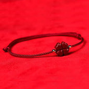 Buddhastoneshop Natural Cinnabar Four Leaf Clover Blessing Red String Bracelet Anklet