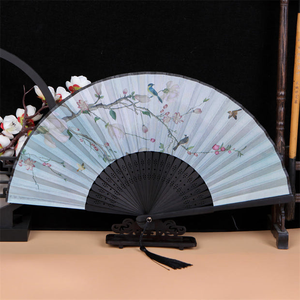 Buddha Stones Classic Birds Singing Flowers Handheld Silk Bamboo Folding Fan