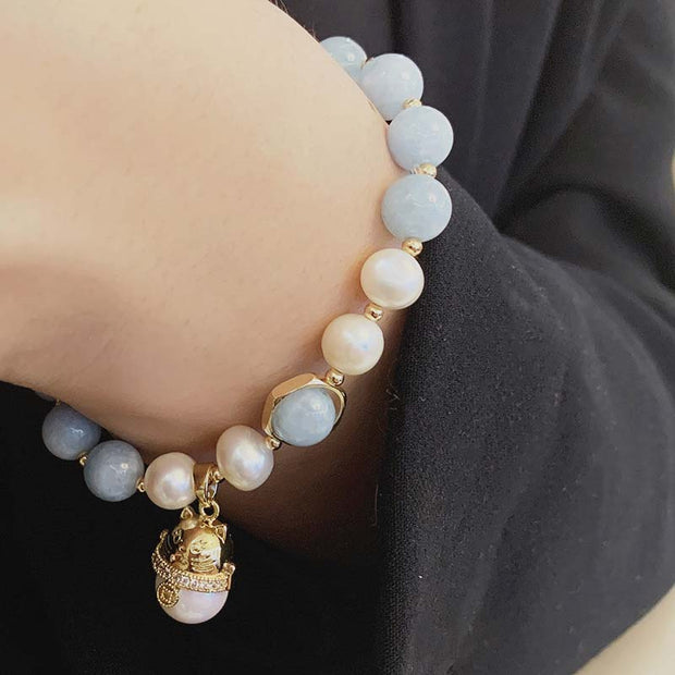 Buddha Stones Aquamarine Pearl Peace Healing Lucky Cat Charm Bracelet Bracelet BS 3