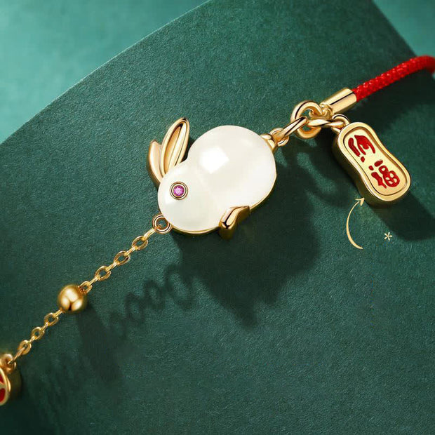Buddhastoneshop Year of the Rabbit White Jade Happiness Red String Chain Bracelet
