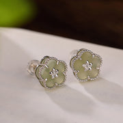 Buddha Stones 925 Sterling Silver Hetian Jade Plum Flower Luck Stud Earrings
