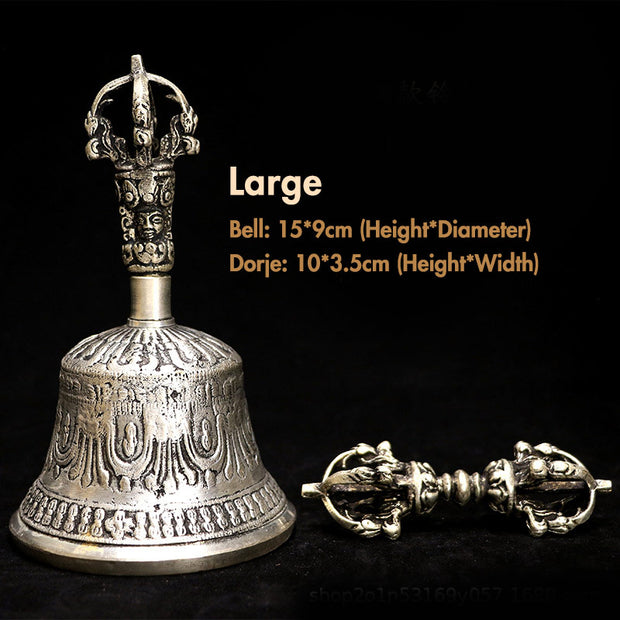 Buddha Stones Tibetan Meditation Bell and Vajra Dorje Copper Decoration Set Buddhist Supplies BS Silver Large