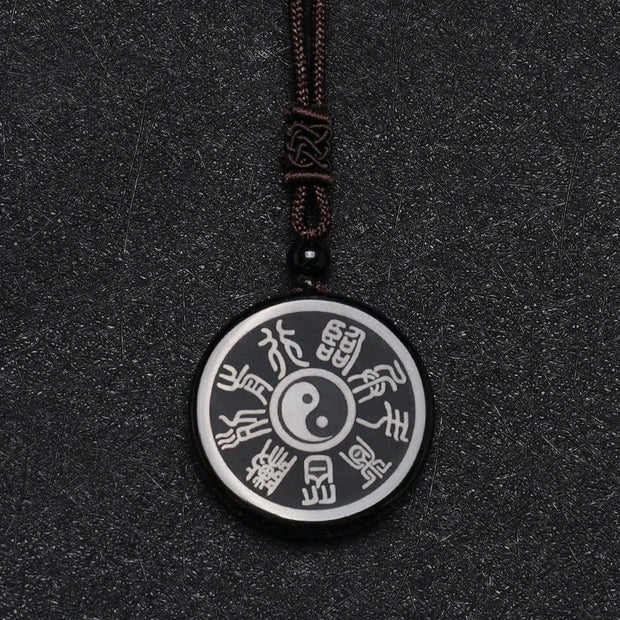 Buddha Stones Black Obsidian Taoism Five Sacred Mountains Nine-Character Mantra Carved Purification Yin Yang Necklace Pendant