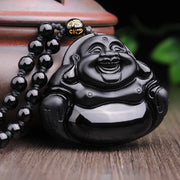 Buddha Stones Laughing Buddha Black Obsidian Transformation Pendant Necklace Necklaces & Pendants BS 1