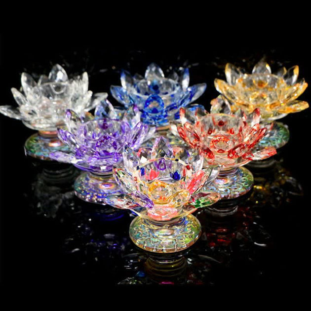 Buddha Stones Lotus Flower Crystal Candle Holder Home Office Offering