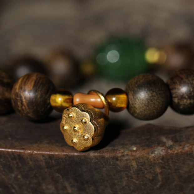 Buddha Stones 999 Gold Brunei Agarwood Cyan Jade Lotus Flower Peace Strength Bracelet Bracelet BS 11