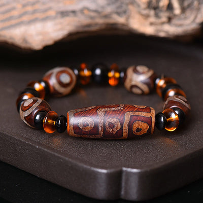 Buddha Stones Tibetan Retro Natural Nine-Eye Dzi Bead Blessings Bracelet Bracelet BS Nine-Eye Dzi Bead(Wealth♥Protection)