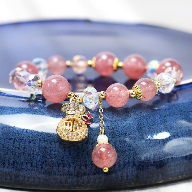Buddha Stones Natural Strawberry Quartz Crystal Money Bag Charm Positive Bracelet Bracelet BS 1