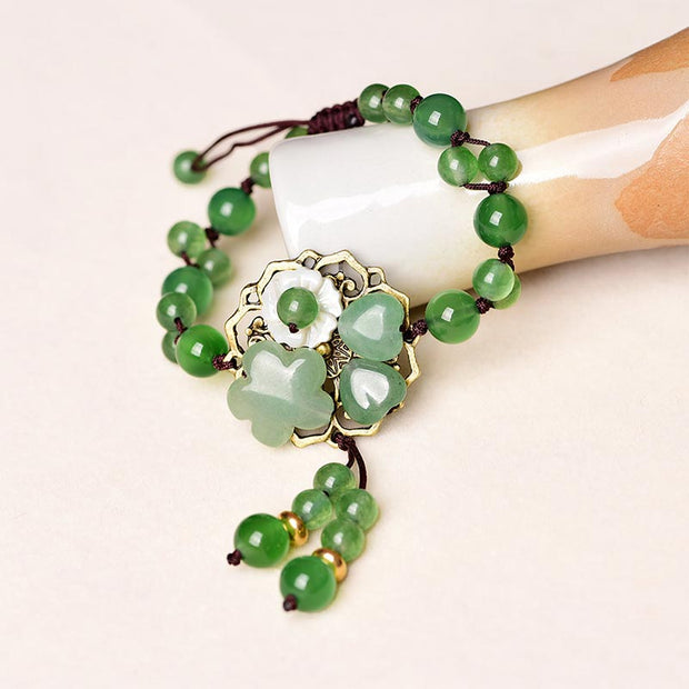 Buddhastoneshop Natural Green Jade Luck Dangling Flower Bracelet